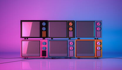 3d rendering, Realistic mock up of colorful vintage television set, monitor blank empty space, pink and blue glowing colors background.