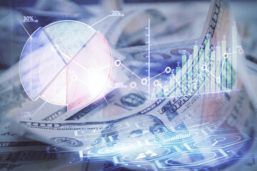 Double exposure of forex graph drawing over us dollars bill background. Concept of financial markets.