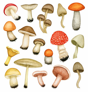 Watercolor different poisonous and edible mushroom set. Fly agaric, fungus, toadstool, orange/brown cap boletus, cep, russula, chanterelle. Fall season hand drawn design elements isolated on white