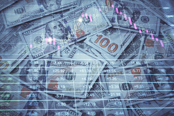 Double exposure of forex graph drawing over us dollars bill background. Concept of financial markets.