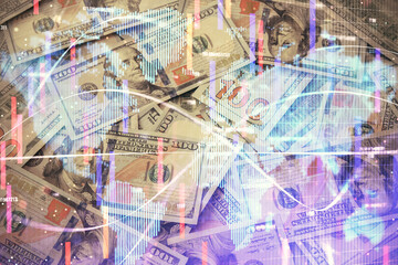 Multi exposure of business theme drawing over us dollars bill background. Concept of financial success.