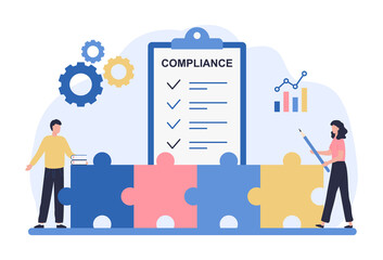 Regulatory compliance concept. Business people read laws, discuss changes, plan the implementation of rules and the development of the company. Flat vector illustration isolated on white background - 377220037