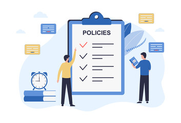 Regulatory compliance concept. Business people, leaders create and edit rules for making decisions and achieving the long-term goals of the organization. Flat vector illustration on white background