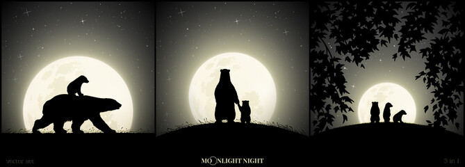 Polar bears family walking in grass on moonlight night. Animal baby silhouette on back of mother. Landscape framed by branches. Full moon in starry sky. Black and white vector illustration set