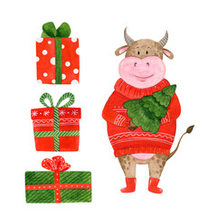 Clipart red christmas sock for gifts with ornament. New Year's, children's illustration in watercolor on a white background.