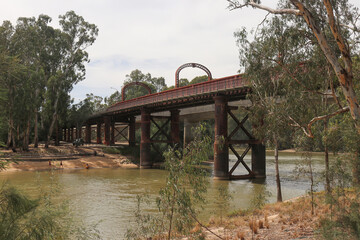 ECHUCA, AUSTRALIA – March 3, 2020: The Echuca-Moama road rail bridge (1878) now carries only road...