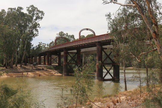 ECHUCA, AUSTRALIA &ndash; March 3, 2020: The Echuca-Moama road rail bridge (1878) now carries only road vehicles across the Murray River. A dedicated railway bridge was contructed alongside it in 1989