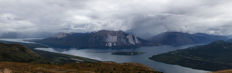 Panoramic View Canadian Nature on top of Nares Mountain during fall season. Located in Carcross, near Whitehorse, Yukon, Canada. Background Panorama
