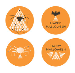 Happy Halloween emblems with bat, spider, eggs, eyes in orange background with black color