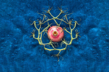 Abstract composition of green flowers and red fruits on cobalt blue velvet texture background....