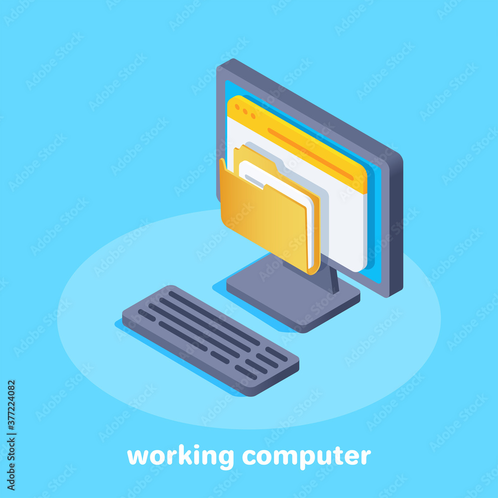 Poster isometric vector image on blue background, computer icon with folder on screen