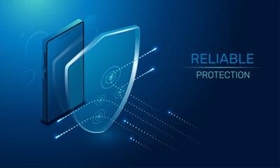 isometric vector image on a dark background, a transparent shield covering the lsmartphone from virus attacks, reliable protection