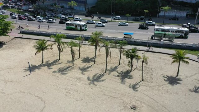 Aerial view of palm trees in the beachfront ,Santos, Sao Paulo, Brazil. Santos beach scene. Beachfront view. Palm trees landscape. Beach scene of pam trees in Santos. Beachfront scene in a summer day.