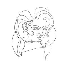 Vector outline black and white illustration of portrait woman in. One line drawing isolated on white background. Use it for design card, poster, banner, social Media post, fashion print, beaty salon