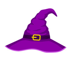 Purple witch hat with buckle. Witch hat isolated on a white background. Stock vector illustration. Illustration for the holiday Halloween.