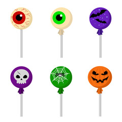 Multicolored candies and lollipops on a stick. Sweets isolated on a white background. Stock vector illustration. Illustration for the holiday Halloween.