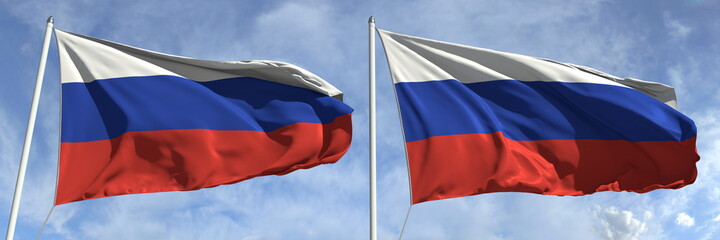 Flying flags of Russia on high flagpoles. 3d rendering