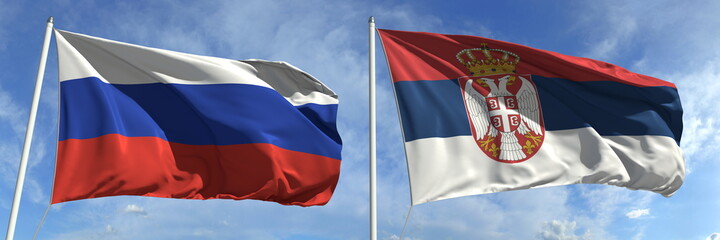 Waving flags of Russia and Serbia on flagpoles, 3d rendering