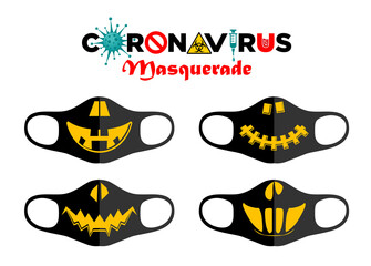 Print design concept on reusable face protection masks. Entertainment during coronavirus quarantine. Halloween pumpkin emoticon. Illustration, vector