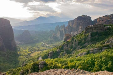 Fototapeta na wymiar Incredible panorama of the Meteora rocks with Monastery on the rocks