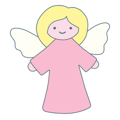 Angel with wings and a rose dress. Cute, kind cartoon vector illustration isolated on a white background.