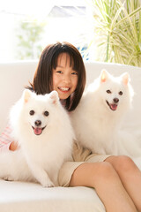 スピッツ犬と笑顔の女の子