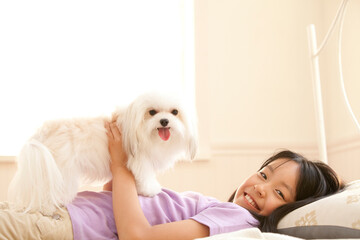 寝転がる飼い犬と女の子