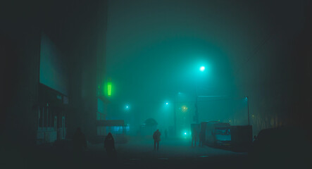 Foggy night street, foggy city landscape, colorful lights in the background