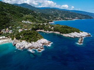 The incredible beauty of Damouchari beach from a bird's eye view at Pelion Peninsula, Greece. Photo...
