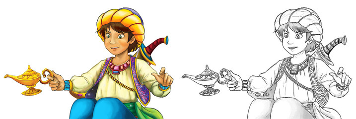 cartoon scene with arabian knight or prince with sword on white