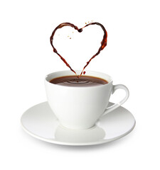 Cup of hot drink with heart-shaped coffee splashes on white background