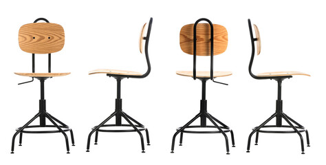 Collage of wooden swivel chairs on white background