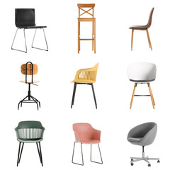 Collage of different trendy chairs on white background