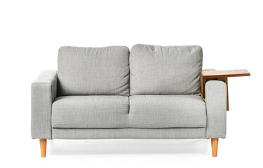 Sofa with armrest table on white background