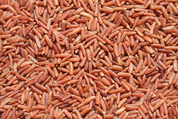 Brown rice uncooked grains background. Dry red rice close up.