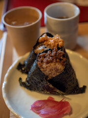 Onighiri with miso ume served with tea