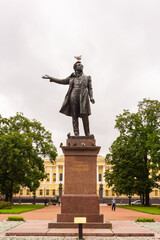 Seagull sits on the head of the monument to Alexander Pushkin on the square in front of the Russian Museum in St. Petersburg, Russia