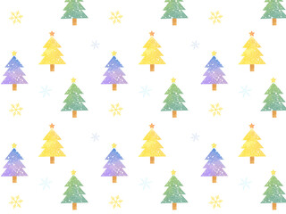 水彩風のクリスマスツリーと雪の結晶のパターン　