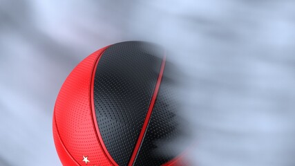 Black-Red Basketball with dark brown toned foggy smoke background. 3D sketch design and illustration. 3D high quality rendering.