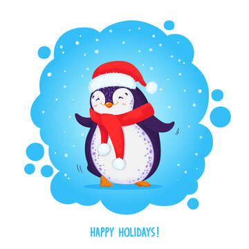 Christmas greeting card with cute dancing penguin in red santa hat. New year vector illustration with text Happy holidays.