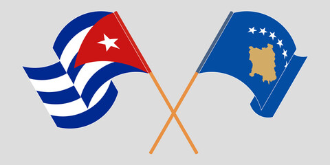 Crossed and waving flags of Kosovo and Cuba