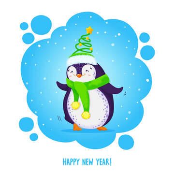 Hand drawn cute dancing penguin. Christmas greeting card. Funny vector illustration with text Happy new year.