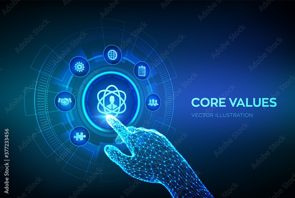 Poster core values. responsibility ethics goals company concept on virtual screen. core values infographic.