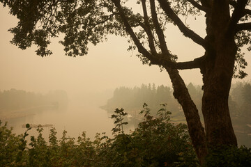 Fototapeta na wymiar The Willamette River seen from Lake Oswego at noon during the Oregon wildfires in 2020.