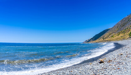 Deserted Beach with Waves, Ocean, Coastline, Hill