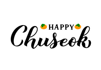 Happy Chuseok calligraphy hand lettering isolated on white. Korean traditional holiday Thanksgiving Day. Vector template for typography poster, greeting card, postcard, banner, flyer, sticker, etc