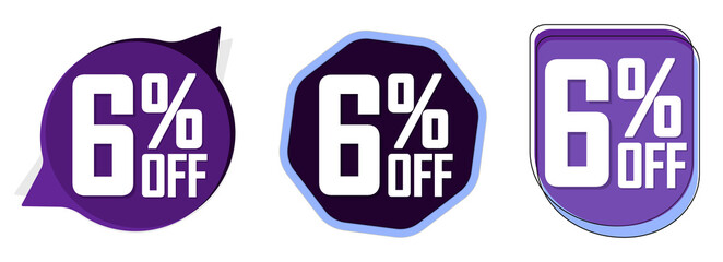 Set Sale 6% off banners, discount tags design template, promo app icons, vector illustration