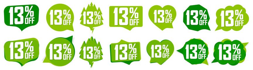 Set Sale 13% off banners, discount tags design template, promo app icons, vector illustration