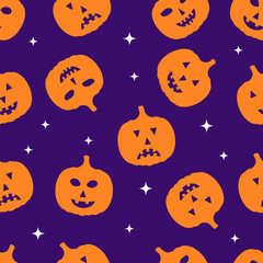 Halloween seamless pattern with cute cartoon pumpkin  on purple background. Easy to edit vector template for greeting card, banner, poster, party invitation, fabric, textile, wrapping paper, etc