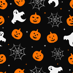 Halloween seamless pattern with cute cartoon pumpkins,   ghosts and cobweb on black background. Vector template for greeting card, banner, poster, party invitation, fabric, textile, wrapping paper